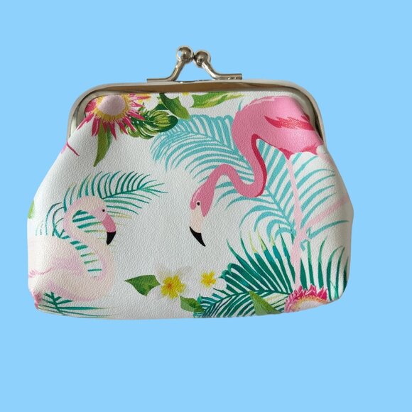 Pink Flamingo Change Purse Coin Bag Tropical Coastal Tiki - Picture 2 of 4